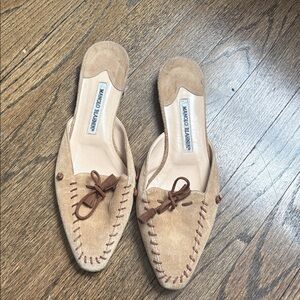 Vintage Manolo Blahnik Beige Suede Mules with Brown Accents